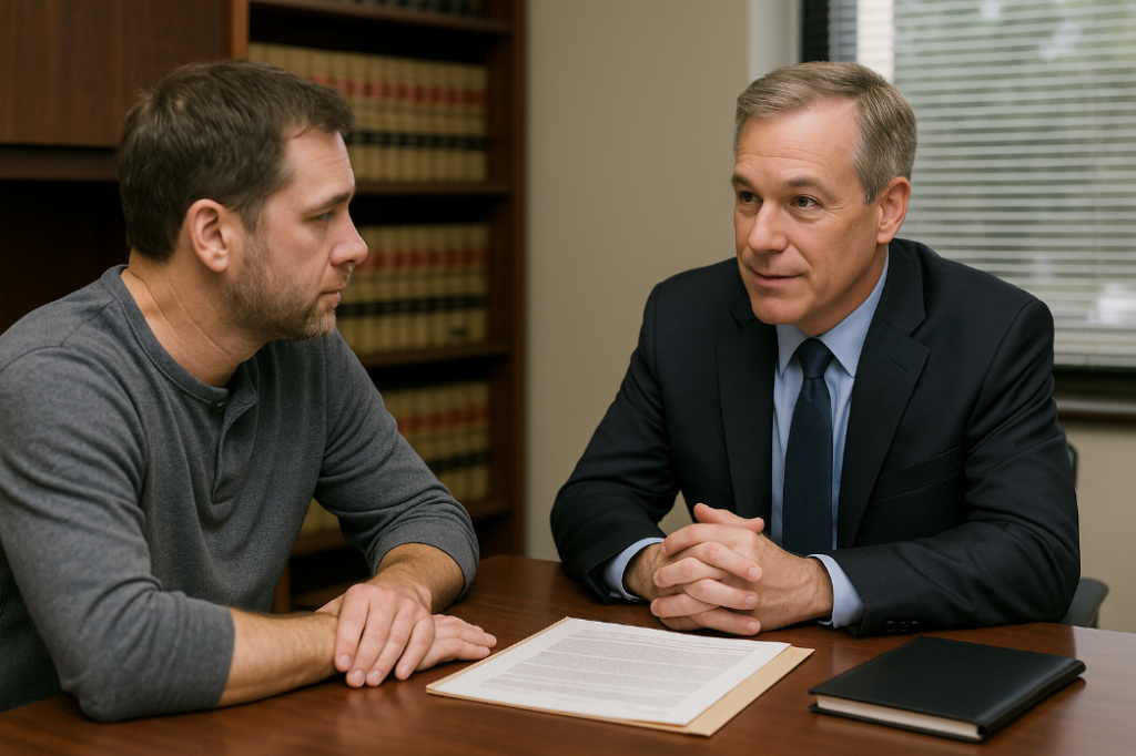 man talking to his lawyer
