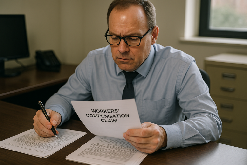 man sitting at a desk looking over some paperwork
