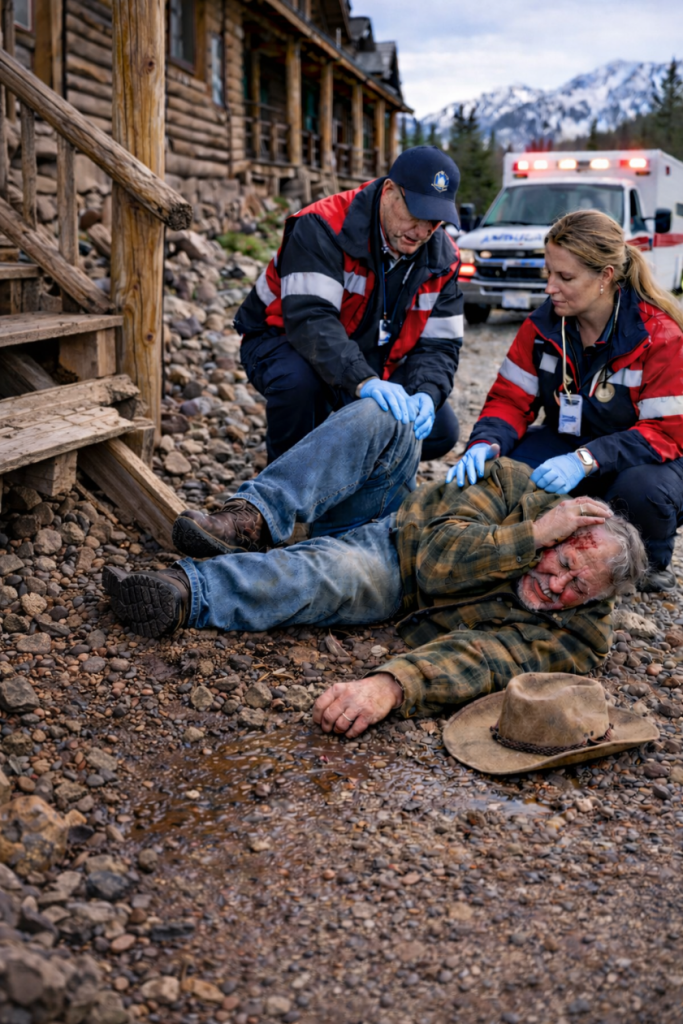 image of an elderly man injured falling down the steps with paramedics close by.