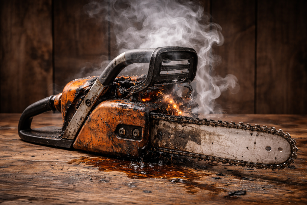 image of a rusty, smoking, broken down chainsaw