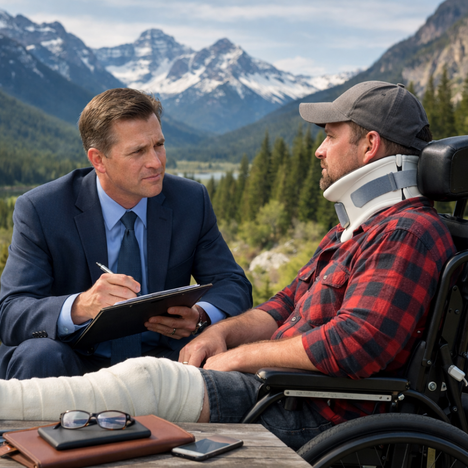 Image of a lawyer taking notes while talking with a man in a wheelchair, bandaged leg and neck brace.