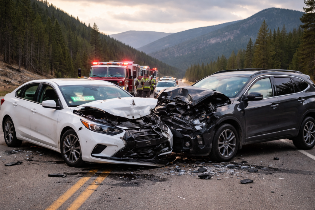 image of a car accident on a rural road with a fire truck in the background.