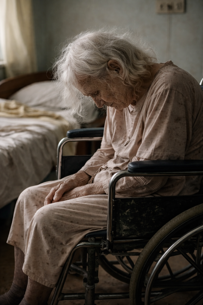 Elderly woman in a wheelchair with her head hanging down.