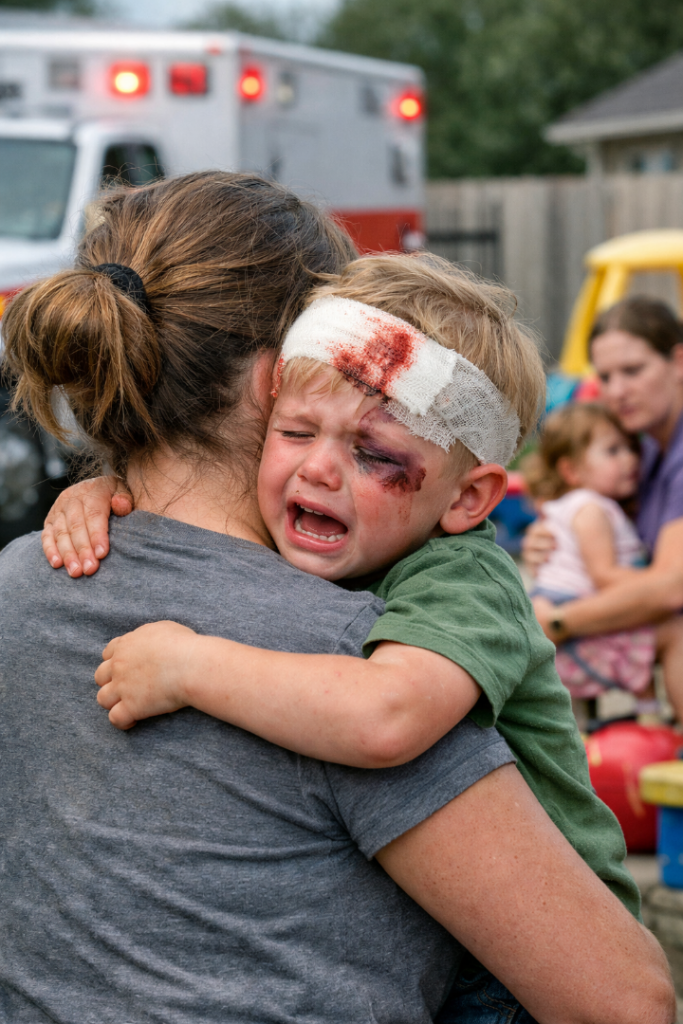 hurt child with bandaged head crying.