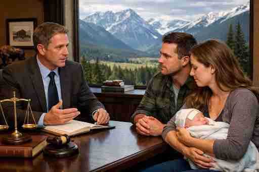 couple holding a baby talking to a lawyer