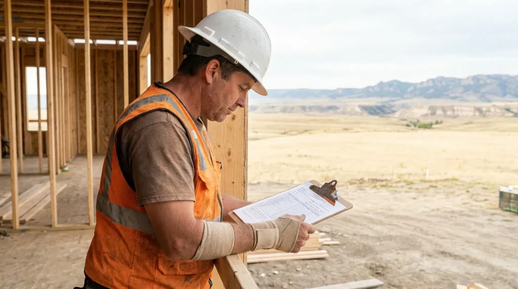 construction worker in hard hat and safety vest reviewing clipboard documents at framed building site