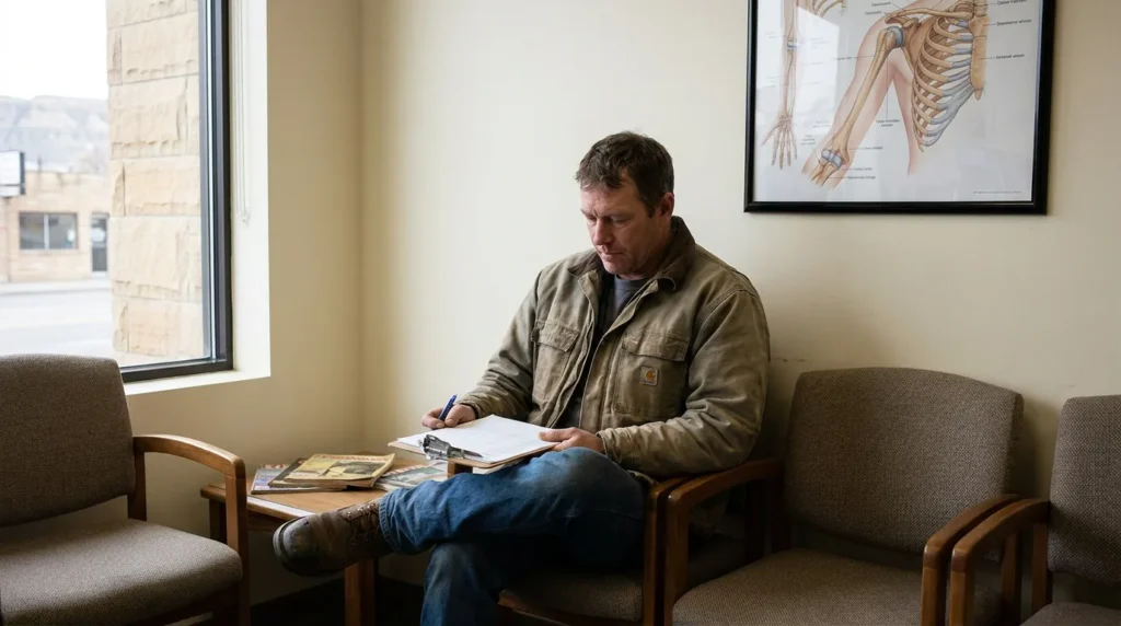 man completing paperwork on clipboard in medical waiting room with anatomical poster