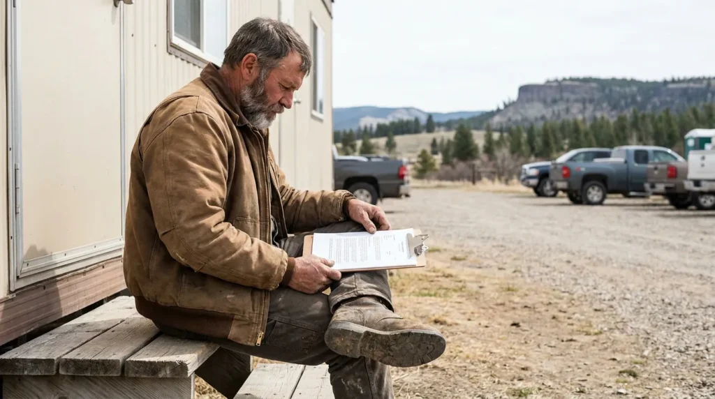 male worker seated on steps reading document on clipboard at outdoor worksite