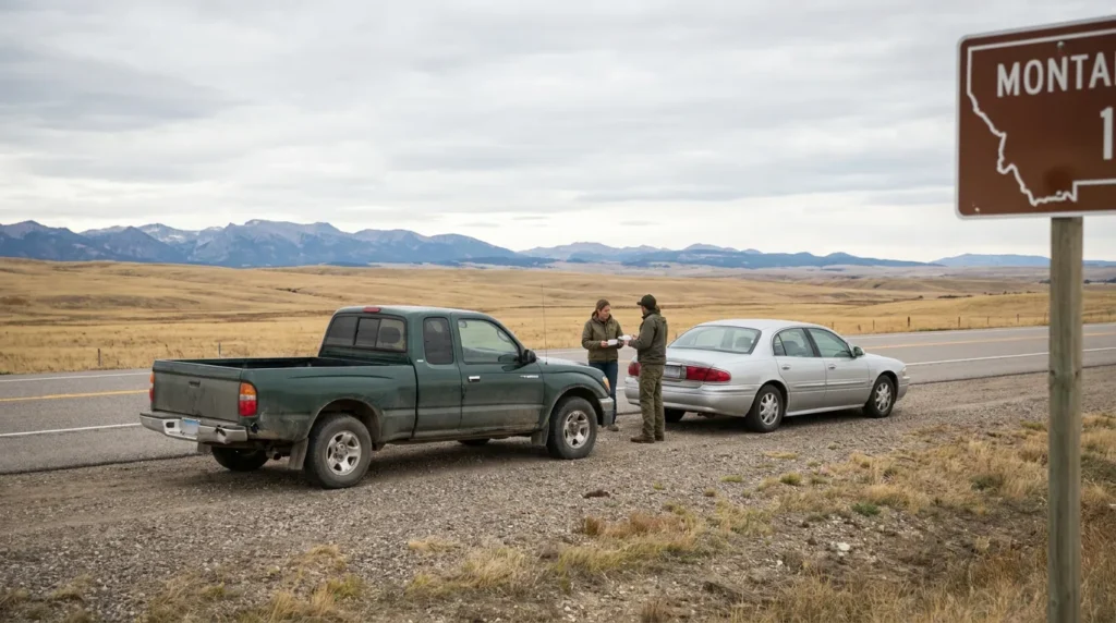 two people exchanging documents beside truck and sedan on Montana highway roadside