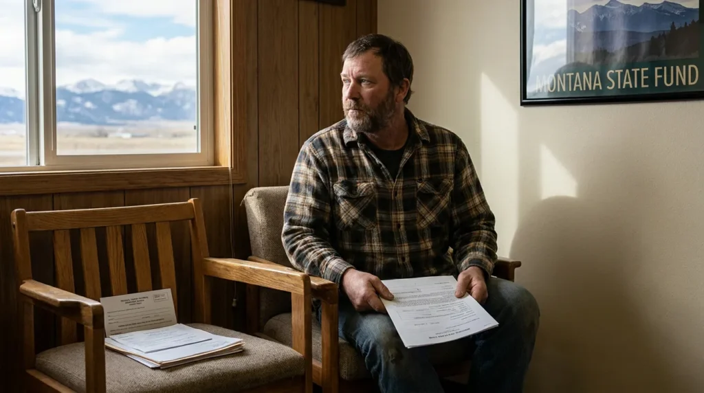 man holding legal documents seated near Montana State Fund office sign