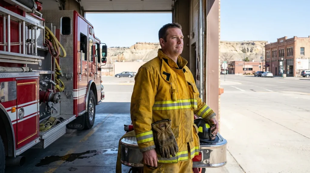 firefighter in turnout gear holding helmet standing beside fire truck at station