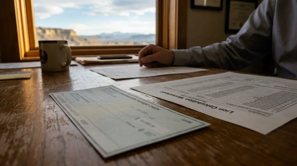 Lien Calculation Worksheet and settlement check spread across wooden desk