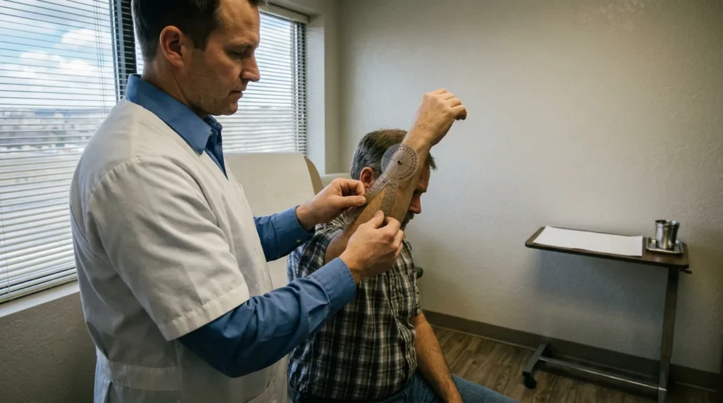 physician using goniometer to measure seated patient's arm range of motion