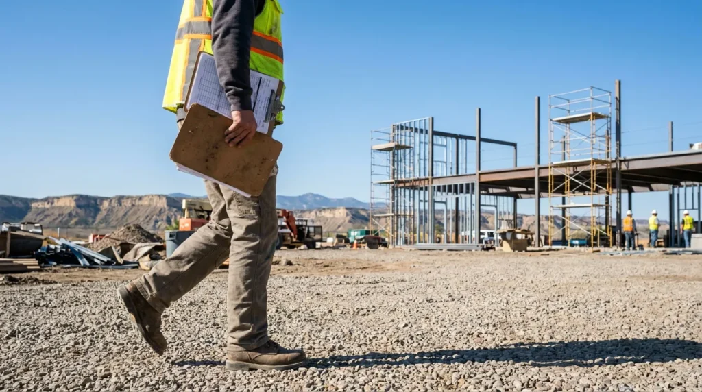 construction worker in safety vest carrying clipboard walking across active job site