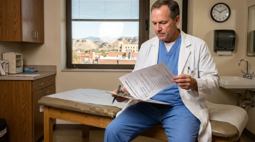 physician in lab coat reviewing medical documents on clipboard in examination room
