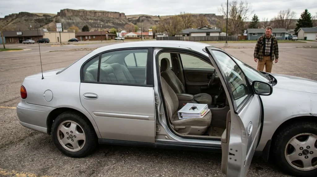 man standing beside open car door with documents and keys on seat