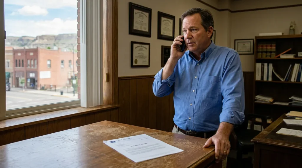 attorney on phone call standing beside desk with settlement agreement document