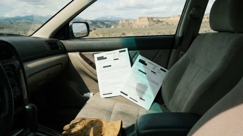 two insurance policy documents resting on vehicle passenger seat with work gloves