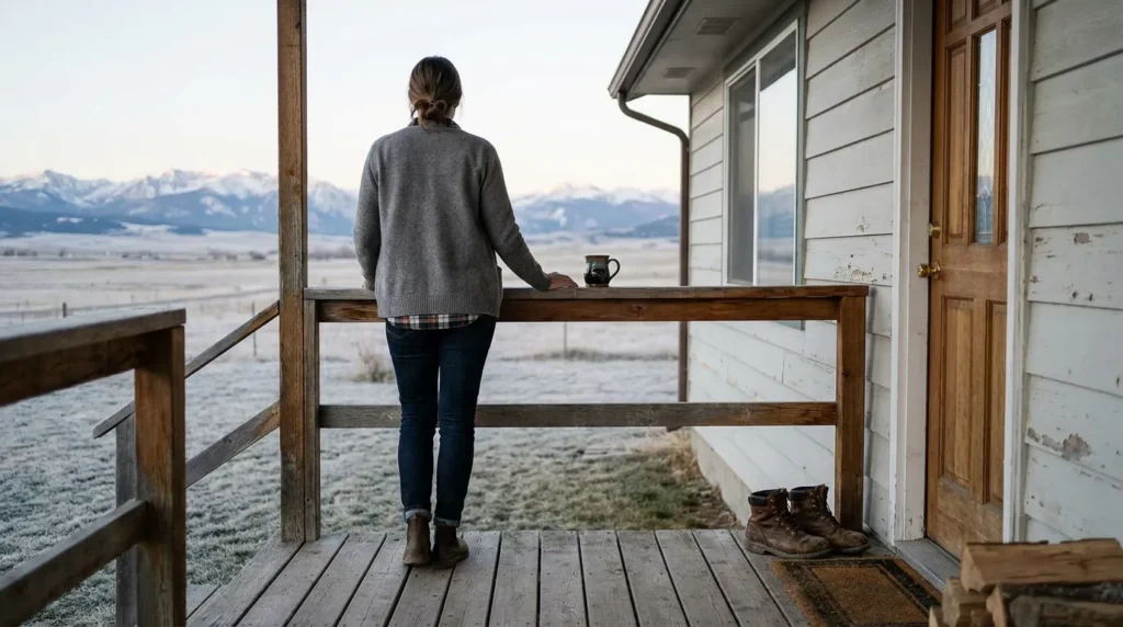 woman standing on rural farmhouse porch overlooking frost-covered fields and mountains