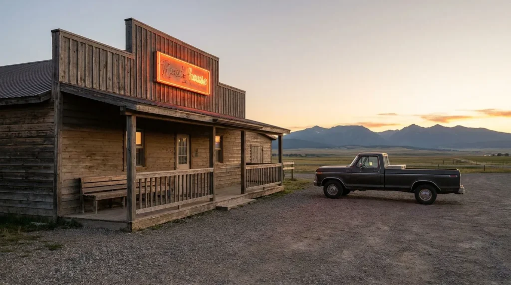 rustic wooden storefront with neon sign and vintage pickup truck parked outside