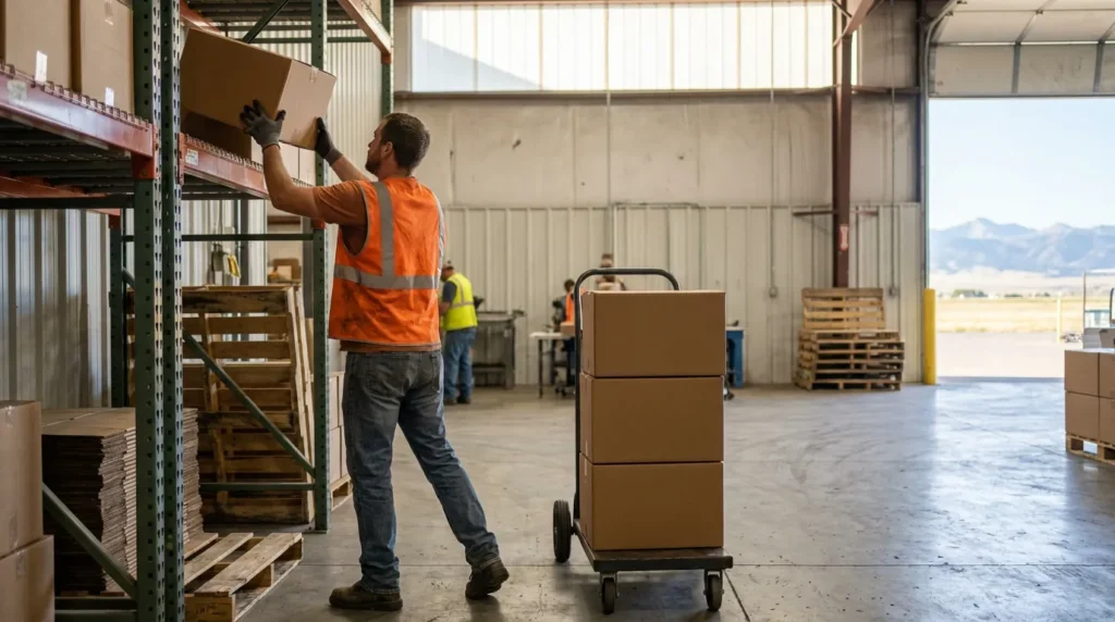 warehouse worker in safety vest lifting cardboard box onto metal shelving rack