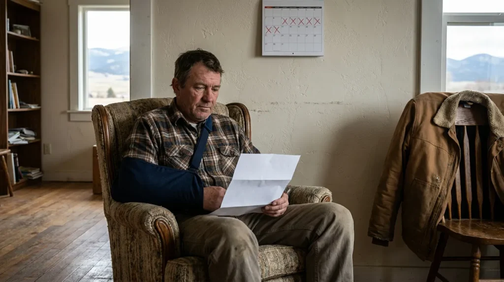 injured man wearing arm sling reading document seated in armchair at home