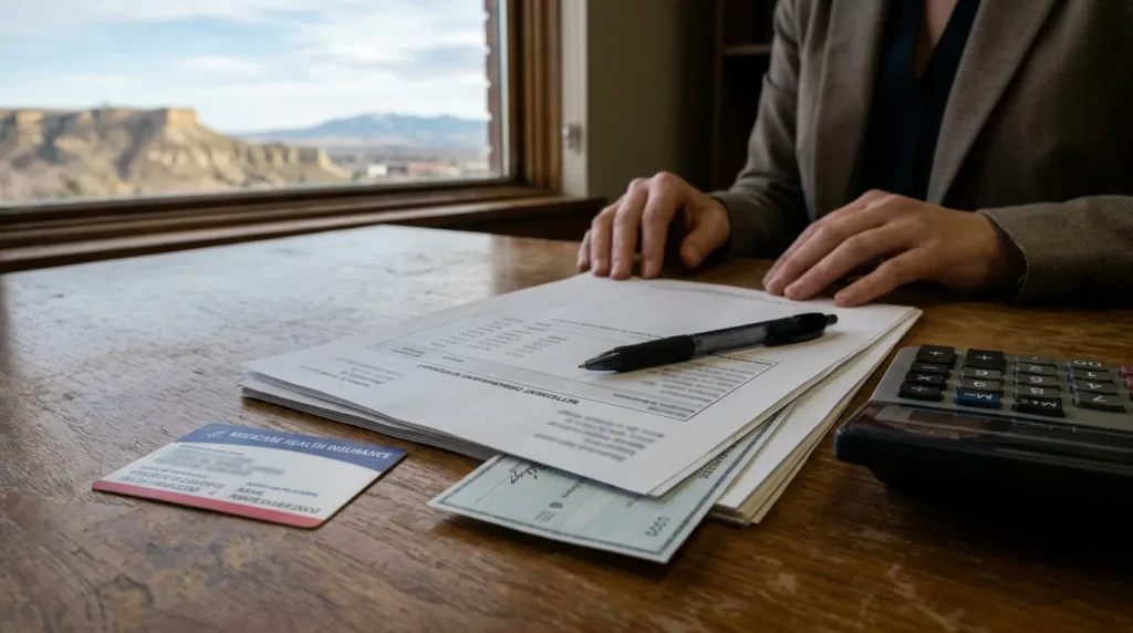 Medicare health insurance card, settlement disbursement statement, pen, and calculator on desk
