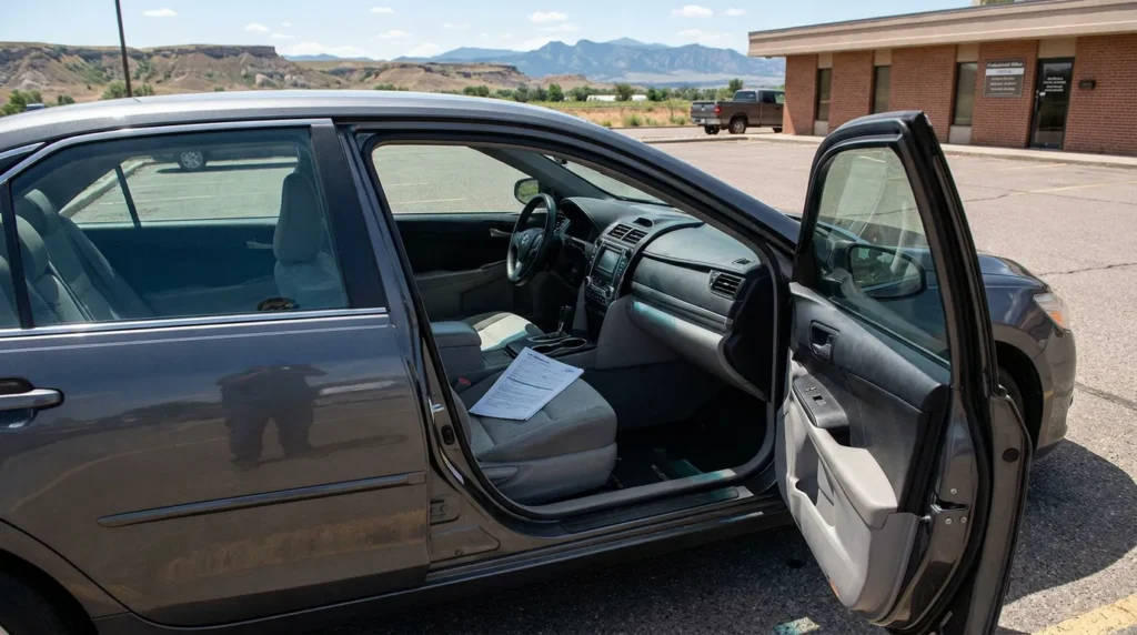 sedan with open door and document on passenger seat in parking lot
