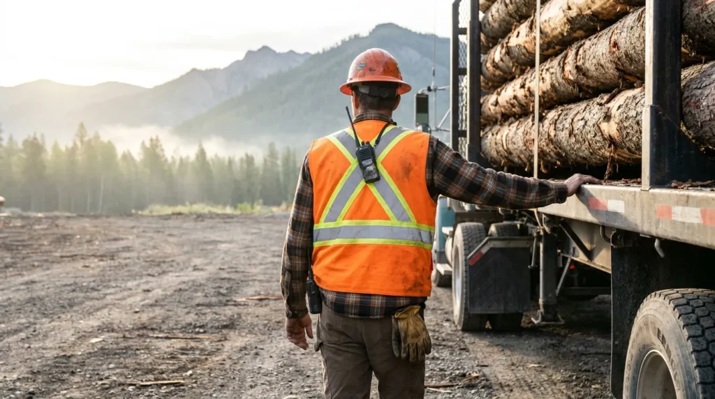 Logging worker in hard hat and safety vest inspecting loaded timber truck