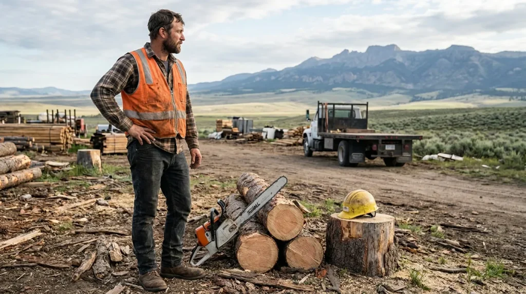 male worker in safety vest standing near chainsaw, logs, and hard hat at outdoor worksite