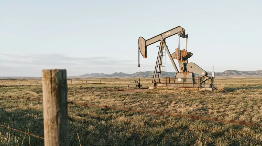 Oil pump jack standing in rural grassland field behind barbed wire fence