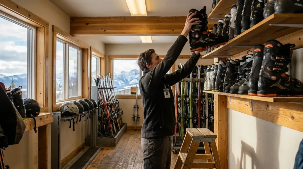 ski rental shop employee placing ski boots on wooden equipment shelf