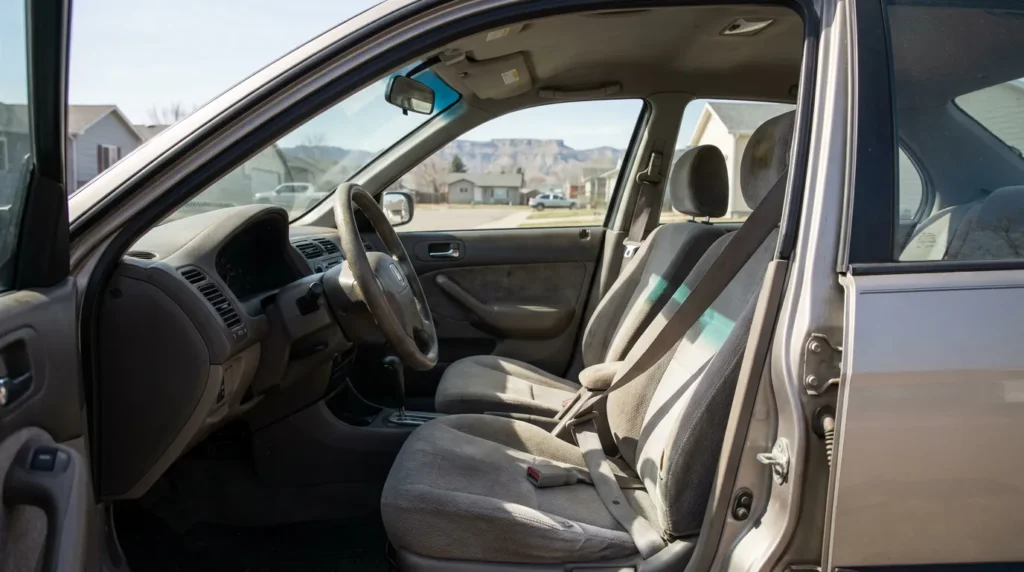 sedan interior showing front seats, steering wheel, and seatbelt with open door