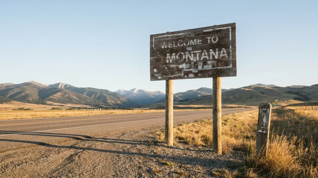 Welcome to Montana roadside wooden sign beside open highway and mountain landscape