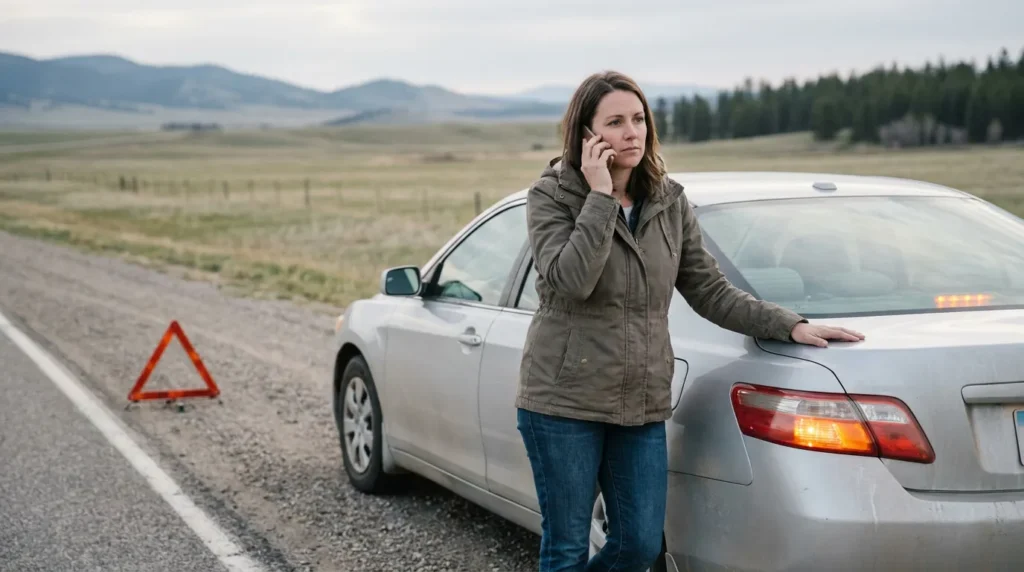 woman on phone leaning against stopped car beside road emergency triangle
